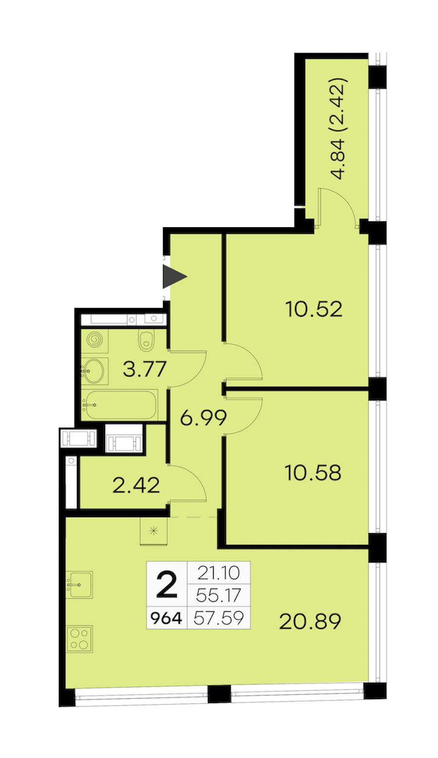 2-комнатная квартира 57.59 м², 15/19 эт., ЖК «GloraX Aura Vasileostrovsky»